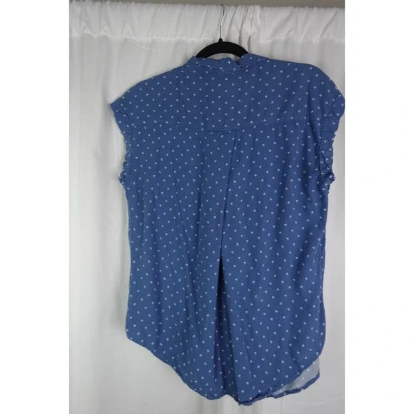 JACHS‎ Girlfriend Blue Shirt L Cottagecore Sleeveless Chambray Floral Blouse - Picture 5 of 6